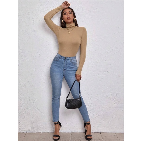 Tan Turtleneck Long Sleeve Tee Shirt - Picture 3 of 6